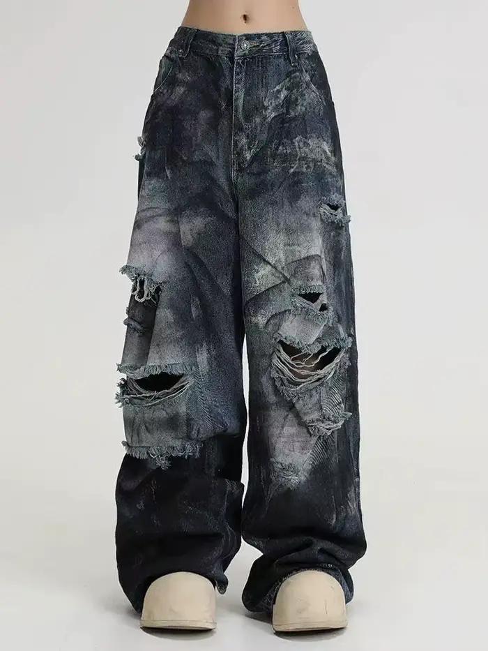 Jean à trous imprimé jet d'encre pour hommes et femmes, nouveau style américain délavé, pantalon lar