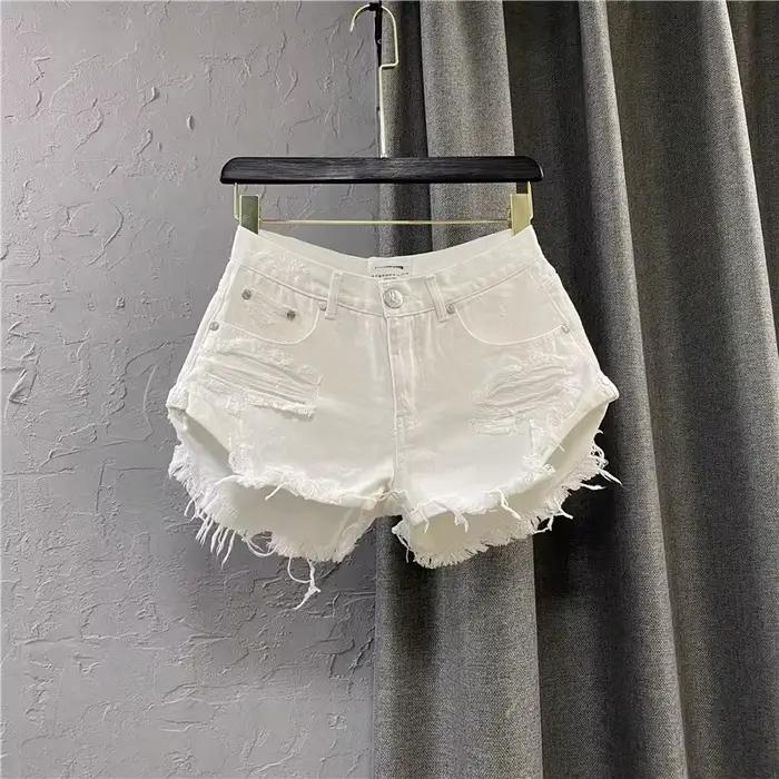 Nouveauté 2026 – Short en jean blanc déchiré pour femme, coupe trapèze, jambe large, style décontrac