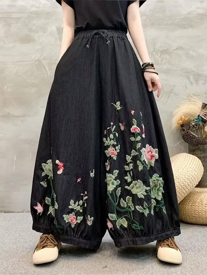 Amax luluE été femmes mode jean à fleurs surdimensionné Denim pantalon dames ample décontracté Vinta