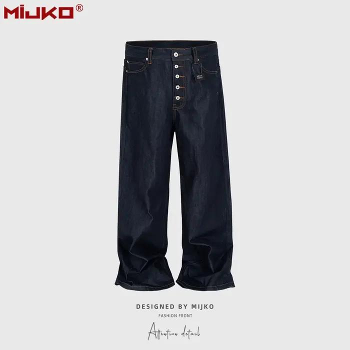 MIJKO Jeans pour hommes et femmes, style streetwear, denim ample à boutons, bleu foncé, vintage orig