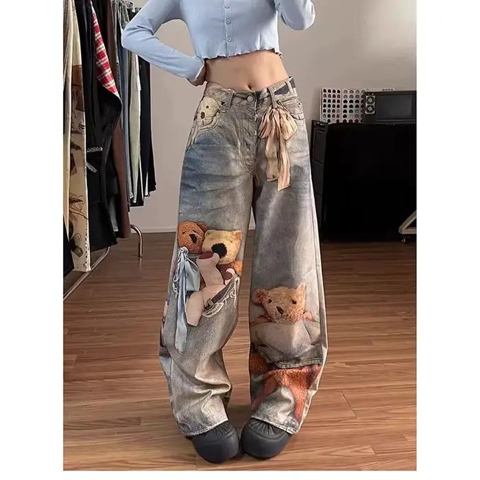 Jean large rétro imprimé ours américain pour femme, coupe droite, longueur ras du sol, mélange coton