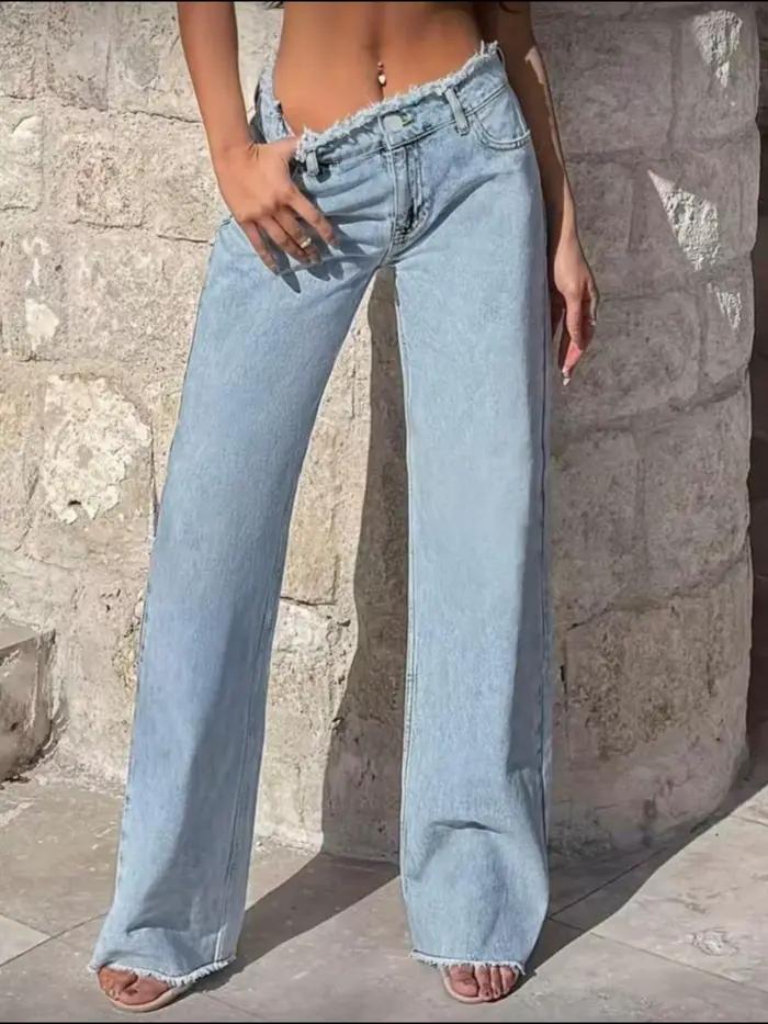 Jean droit bleu clair à ourlet brut pour femme, pantalon taille haute coupe décontractée longueur pl