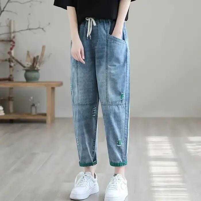 Jean déchiré à neuf points pour femme, nouvelle collection été 2026, coupe ample, taille élastique,