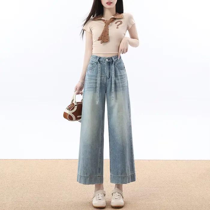 Jean pour femme taille haute, coupe large, coupe droite, décontracté, tendance printemps, pour petit
