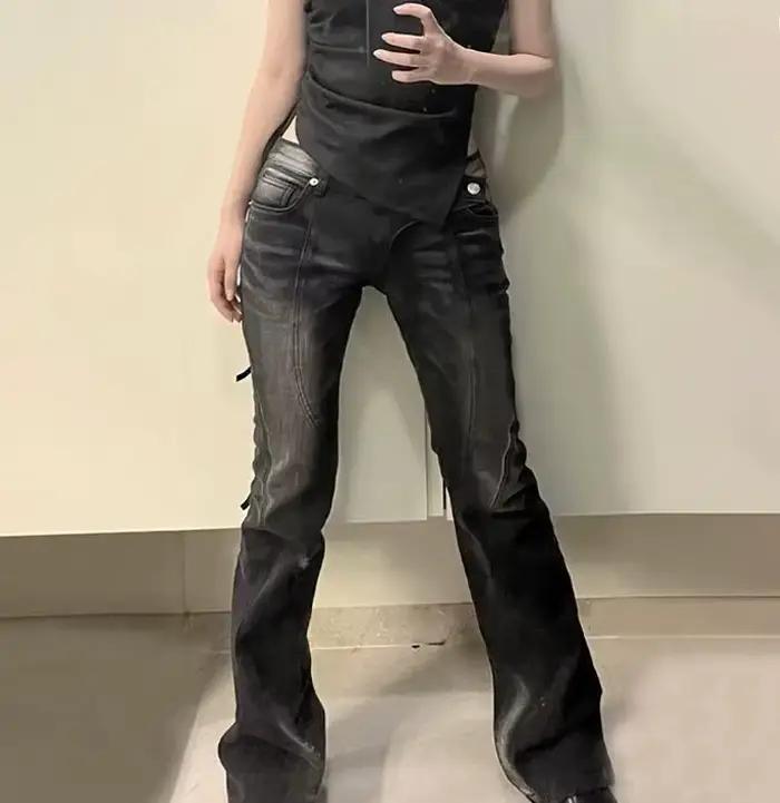 Jean Vintage taille basse en détresse, pantalon en Denim taille asymétrique Grunge, mode coréenne, j