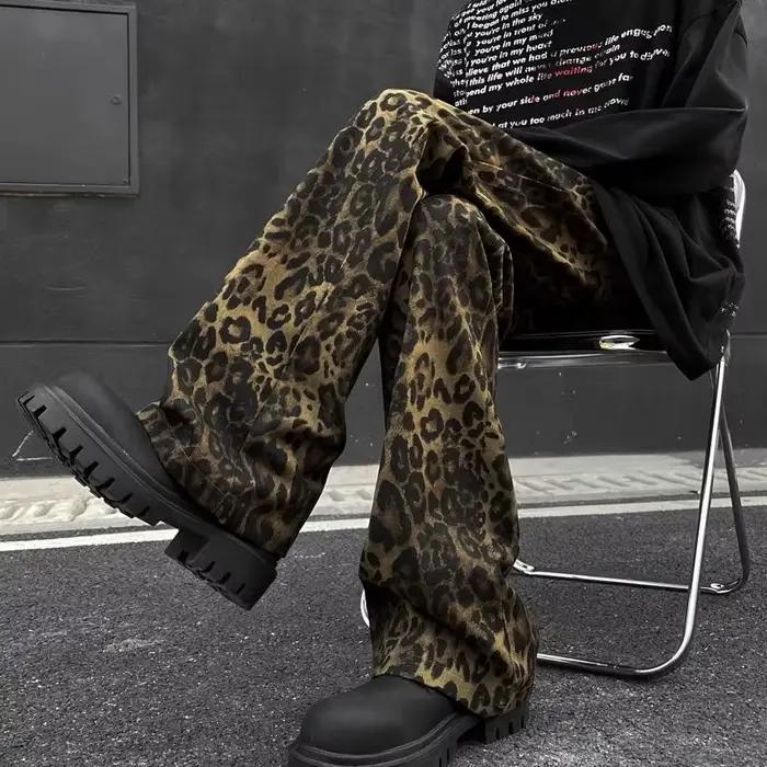 Jean imprimé léopard rétro américain pour hommes, pantalon Micro évasé, Hip Hop, tendance, Denim, un