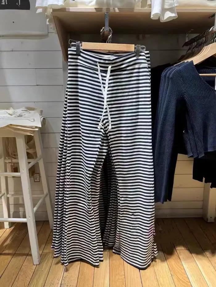Pantalon à jambes larges pour femmes, mignon, rayé rose, cordon de serrage, coton doux, taille haute