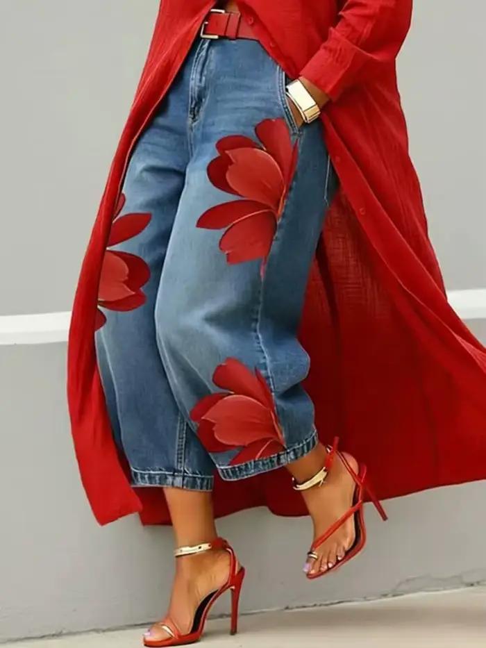 Jeans à imprimé floral pour femmes avec poches, taille haute, longueur cheville, pantalon en denim v