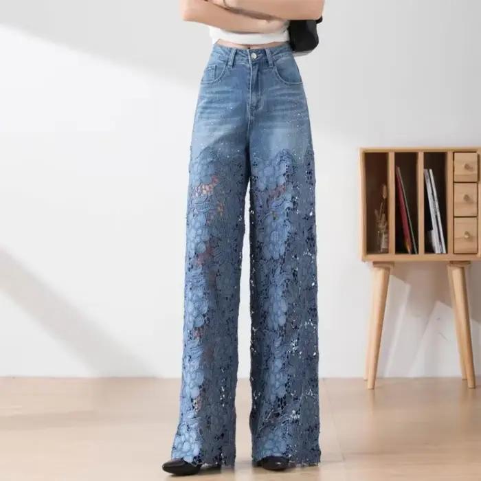 Nouvelle mode Vintage évider dentelle fleurs dame jean ample droit Denim pantalon haute rue élégant