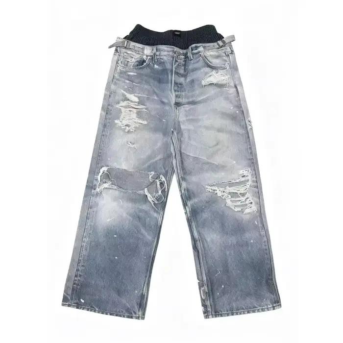 Jean double taille style streetwear américain, coupe droite ample avec effet deux pièces, coupe cout
