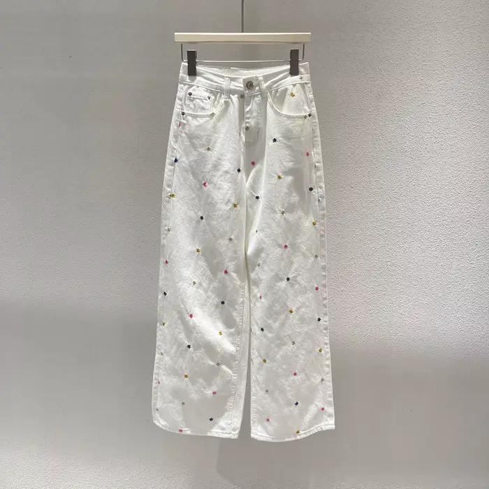 Pantalon en Denim blanc pour femmes, imprimé Floral coloré brodé, jean droit, taille haute, polyvale