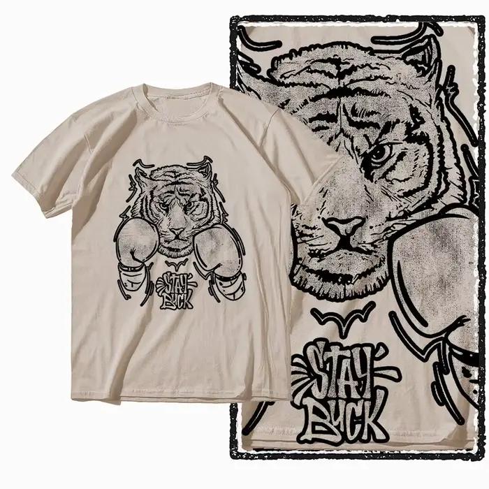 G41 Beige Vintage 100% coton T-shirt imprimé tigre pour hommes | T-shirt col rond pour hommes, St