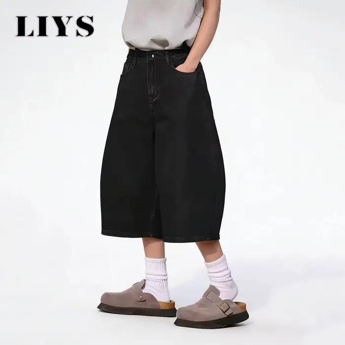 LIYS Short en jean ultra ample style américain rétro noir pour homme et femme, coupe large, pour le