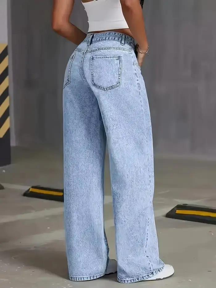 Jean large délavé pour femme grande taille, coupe décontractée et confortable, en denim extensible