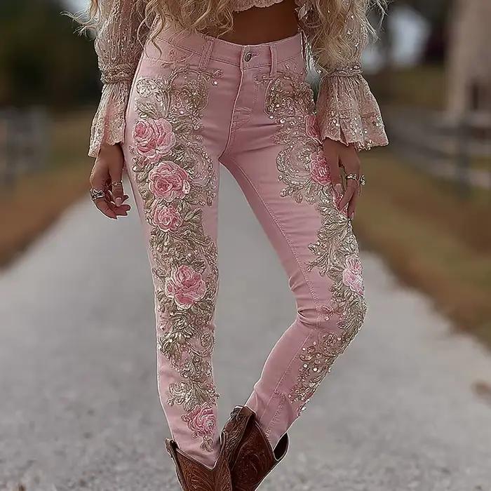 Jeans à imprimé floral de style européen américain pour femmes, pantalon en denim décontracté à jamb