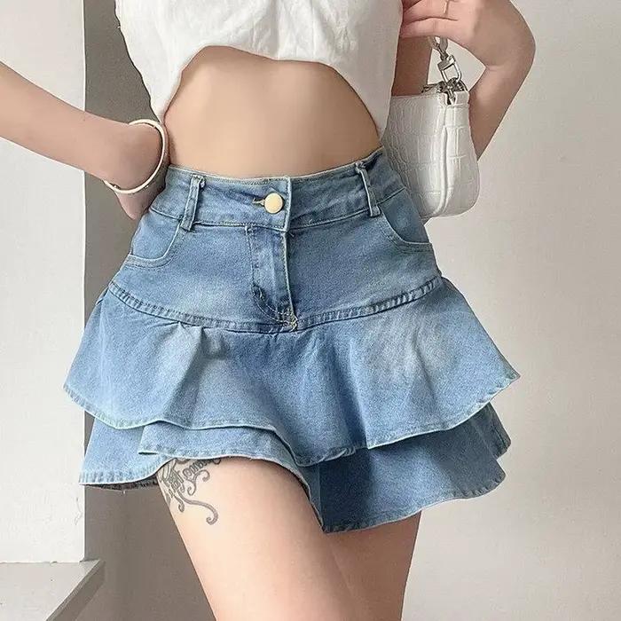 Vintage Denim jupe Shorts femmes été mode coréenne taille haute a-ligne lavage bleu mince mignon Sex