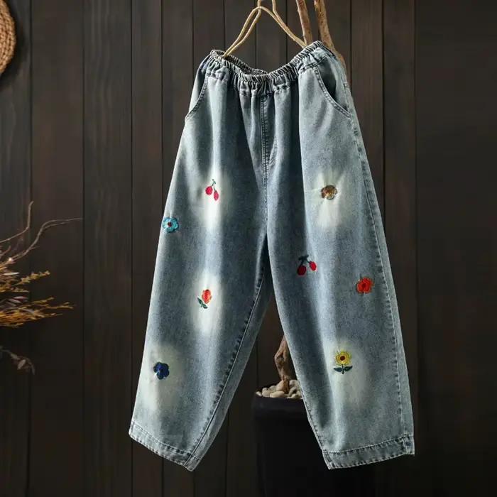 Nouveau Jean Harem en Denim pour Femme, Style Vintage Mori Girl, avec Broderie Florale Cartoon, Tail
