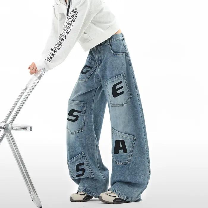 Jean homme haute qualité nouveau Baggy coupe ample lettres imprimées plusieurs poches longueur de pl