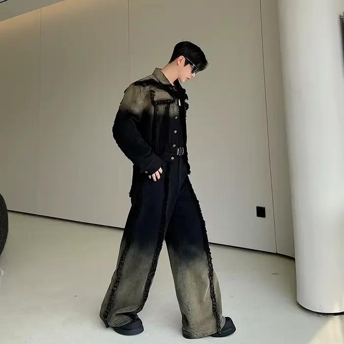 Ensemble veste en jean et jean pour hommes, deux pièces, dégradé de couleur effiloché, coupe ample,