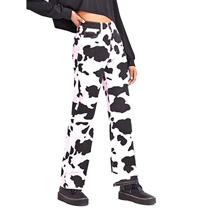 Jeans taille haute à motif de vache pour femmes, pantalons longs droits, mode streetwear, denim, fjw