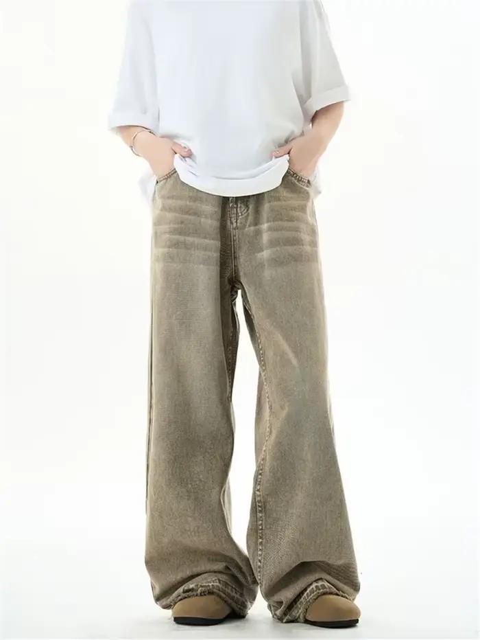 Jean droit marron streetwear américain pour homme, style hip-hop, denim déchiré et ample, pantalon Y