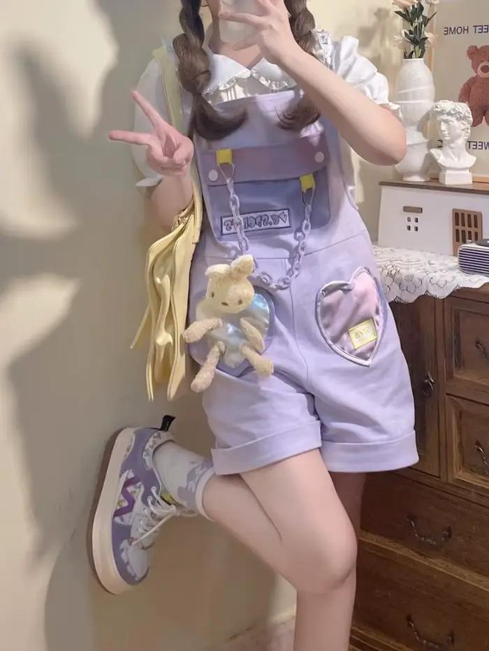 Salopette Courte Y2K Chic et Décontractée pour Femmes, Style Japonais Kawaii, avec Bretelles Violett