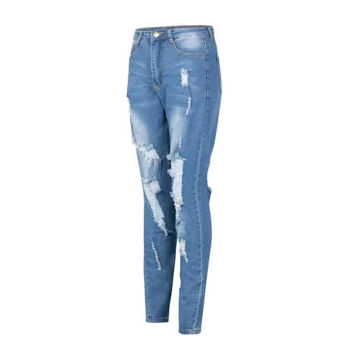 Vente chaude femme bleu foncé déchiré jeans mode haute audirésilience ny denim jeans stretch slim cr