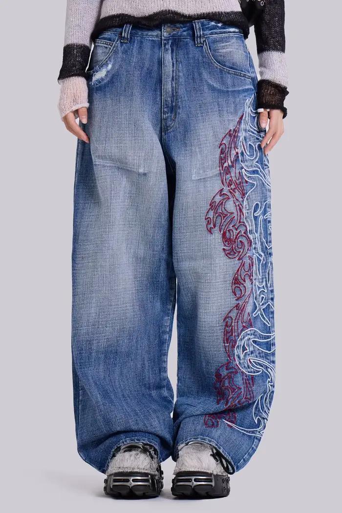 Jean Design brodé Sense, pantalon rétro délavé pour bébés de rue, jambes larges
