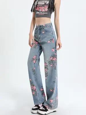 Jean à jambes larges pour femmes, pantalon de vadrouille décontracté, jambe droite, coupe American F