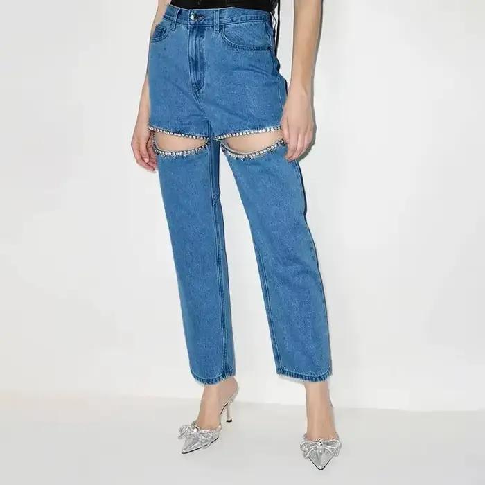 Jean élégant à strass pour femmes, pantalon Baggy droit ample, taille haute fendue, mode Chic, panta