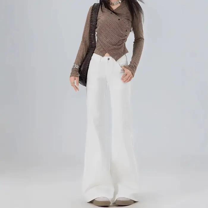 Jean rétro bleu ample à jambe large pour femme, taille haute décontractée, coupe fluide amincissante