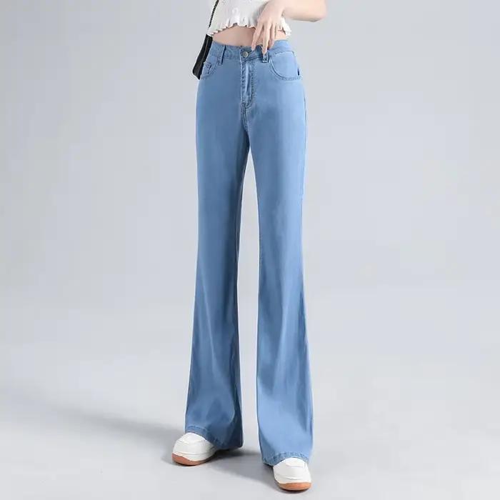 Loycell bleu ciel glace soie botte coupe pantalon 2025 été mode décontracté taille haute mince Simpl
