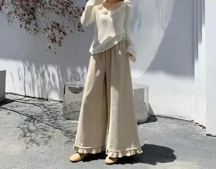 Pantalon rose à jambes larges à volants pour femmes, épais, taille haute, ample, décontracté, avec s