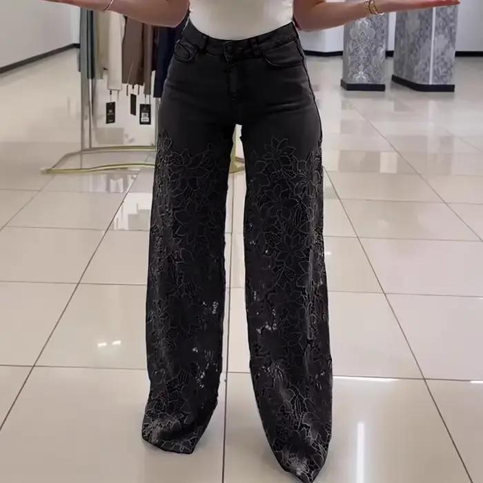 Dames Sexy dentelle évidé jean été rétro couleur unie jambe large pantalon 2025 décontracté Crochet