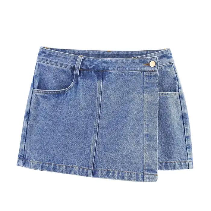 Ensemble jupe courte style denim rétro pour femme, été 2025, manches trois-quarts, patchwork, tendan