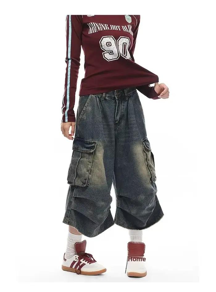 Jeans en denim délavé style rétro américain pour hommes et femmes, coupe large, multi-poches, drapé,