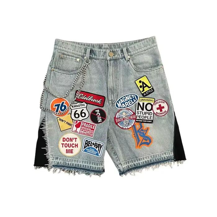 Short en jean patchwork bleu rétro Y2K pour homme et femme, style streetwear, avec motifs graphiques
