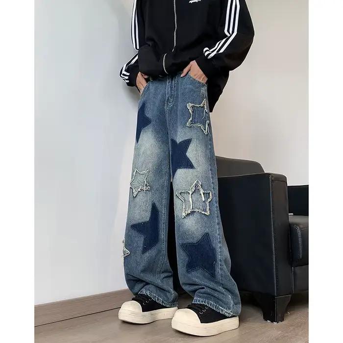 Jean droit pour hommes, broderie étoile, Patchwork, automne, jambe large, Hip-hop, mode jeunesse neu