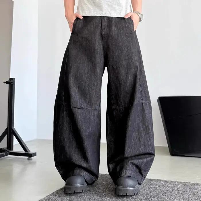 Jean américain haut de gamme en Denim noir avec bord de couteau pour hommes, pantalon ample à jambes