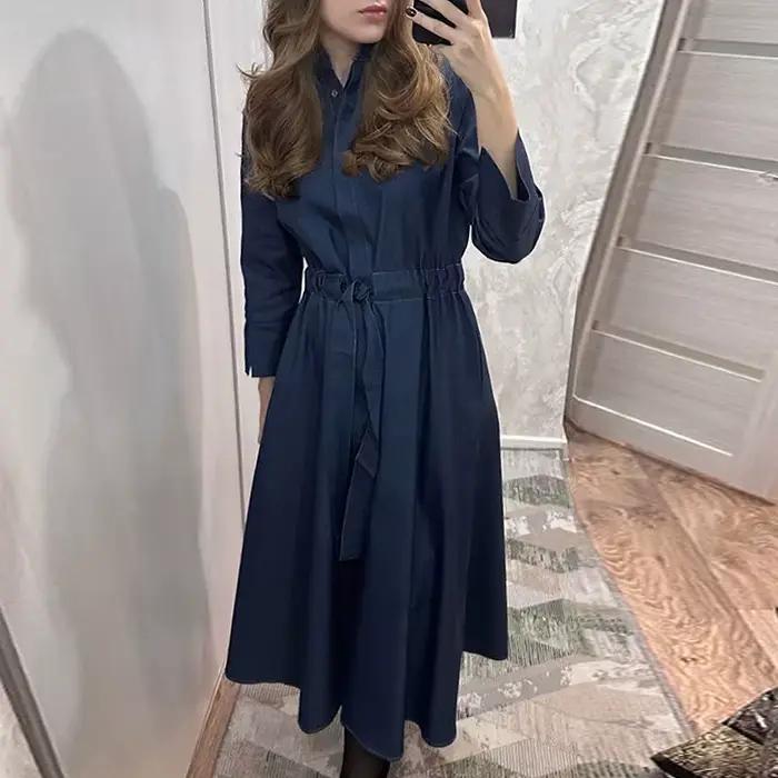 Mode Denim Robe longue pour les femmes à manches longues à lacets taille cintrée simple boutonnage R