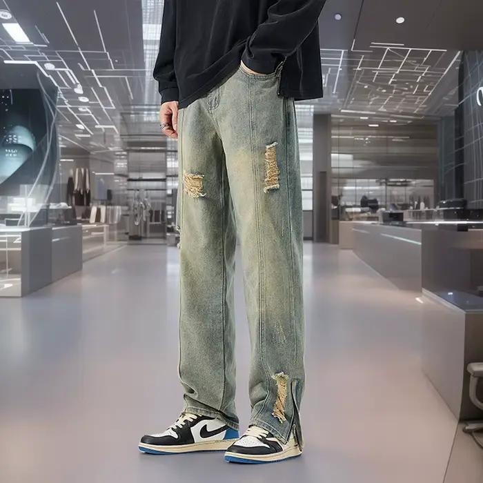 Jean d'été taille moyenne à jambes droites pour hommes, pantalon décontracté à trous amples à la mod