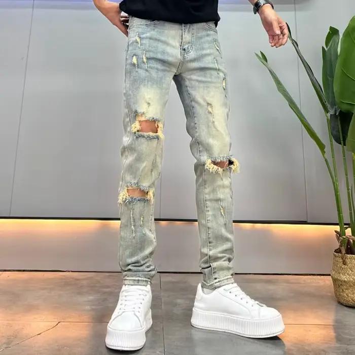 Jean déchiré aux genoux pour hommes, marque tendance, fin, beau, rétro, vieux, ajusté, petits pieds,