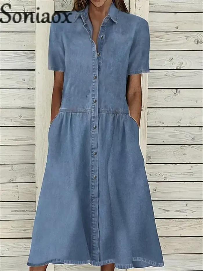Robe en Denim à Manches Courtes pour Femme, Élégante, Solide, à Revers, Simple Boutonnage, Habillée,