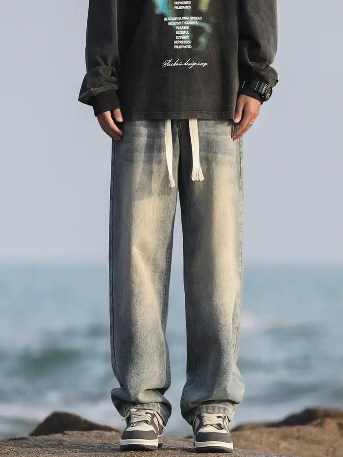2025 printemps/été nouveau 4 couleurs rétro vieilli hommes ample jambe droite jean mode coréenne hau