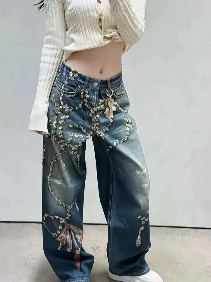 Jean Y2K à imprimé numérique 3D avec chaîne en cristal, coupe droite ample, pantalon d'été haut de g