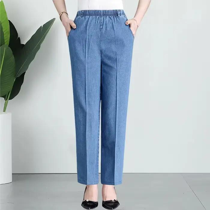 Jean brodé pour mère d'âge moyen, pantalon ample à jambes droites, taille élastique, décontracté, en