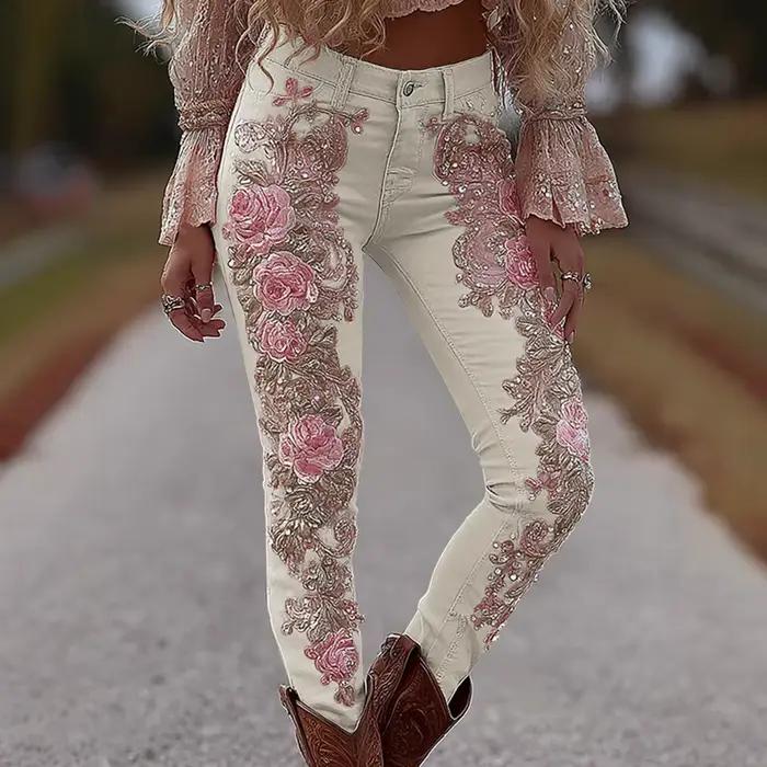 Pantalon en jean extensible pour femmes, imprimé floral 3D, coupe droite, décontracté
