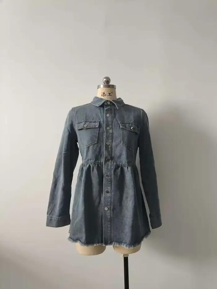 Manteau en jean pour femme, col rabattu, simple boutonnage, poches, effet délavé, style vintage, aut