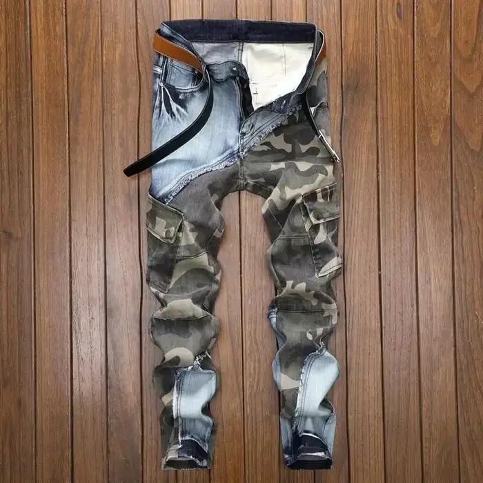Jean Patchwork pour hommes, mode rétro, coupe cintrée, pantalon crayon élastique, Denim, Camouflage,