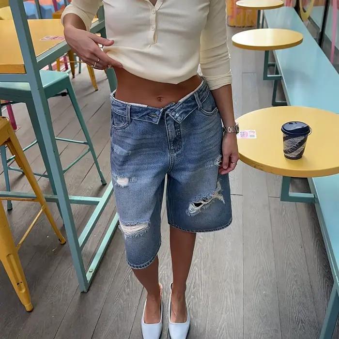 Bornladies – Nouveaux shorts en jean déchirés et tendance pour femme 2026, coupe ample et amincissan